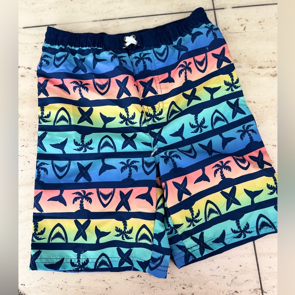 Colorful Kids Swim Trunks with Tropical Print